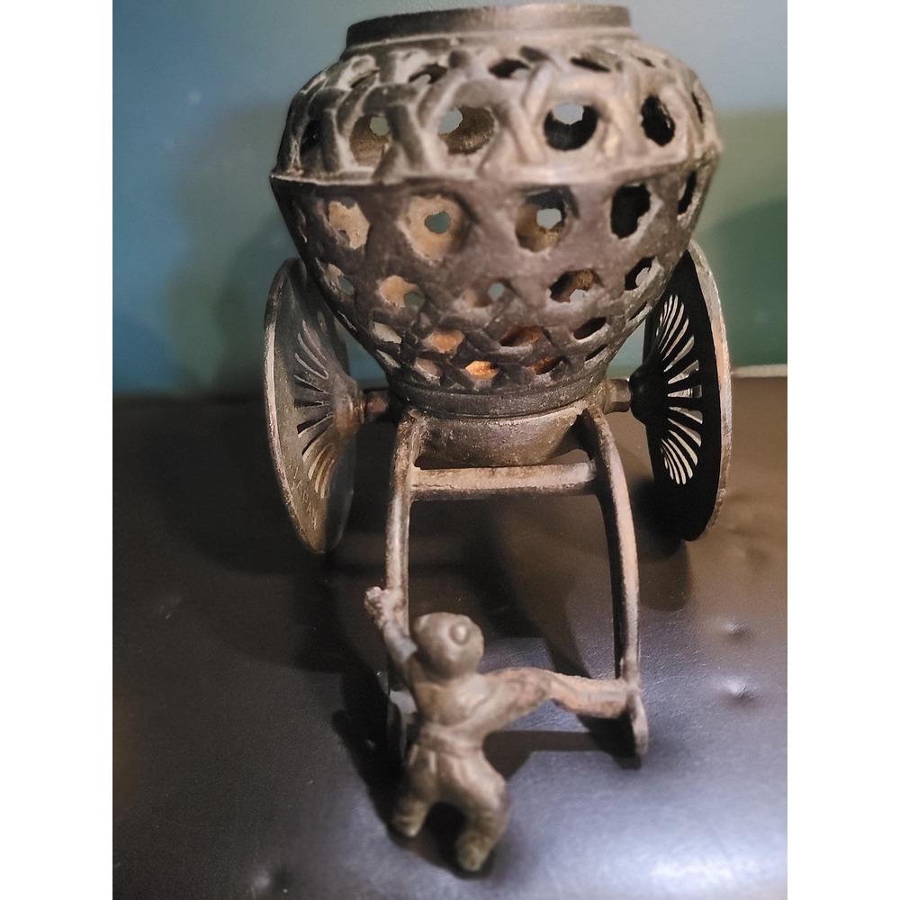 Vintage Cast Iron Stamped JAPAN Japanese Cart Figures Orchid Planter Ikebana - Picture 10 of 12